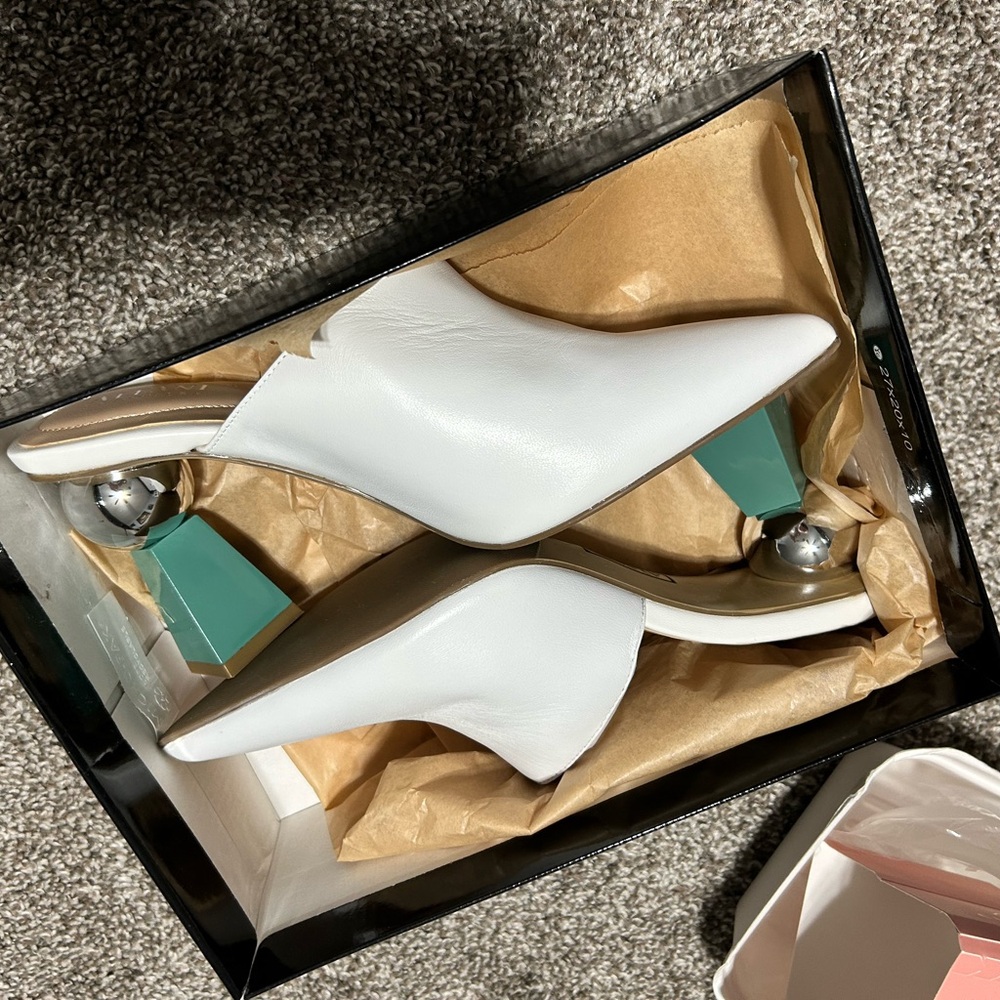 Alfani White Mules with Silver and Teal Accents